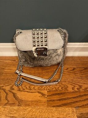 Michael Kors Gray Rabbit Fur Shoulder Bag with Textured Flap & Studs
